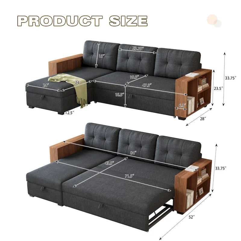 Divano Sezionale Convertibile con Letto Estraibile e Chaise Longue Contenitore Nascosto
