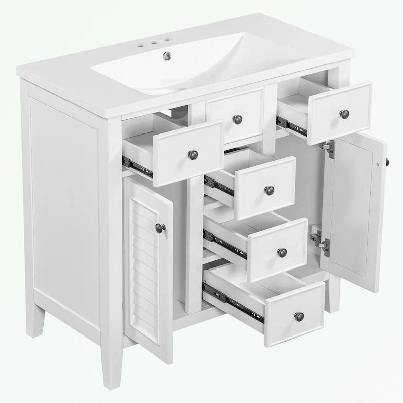 Mobile bagno con lavabo in ceramica, due ante e cinque cassetti