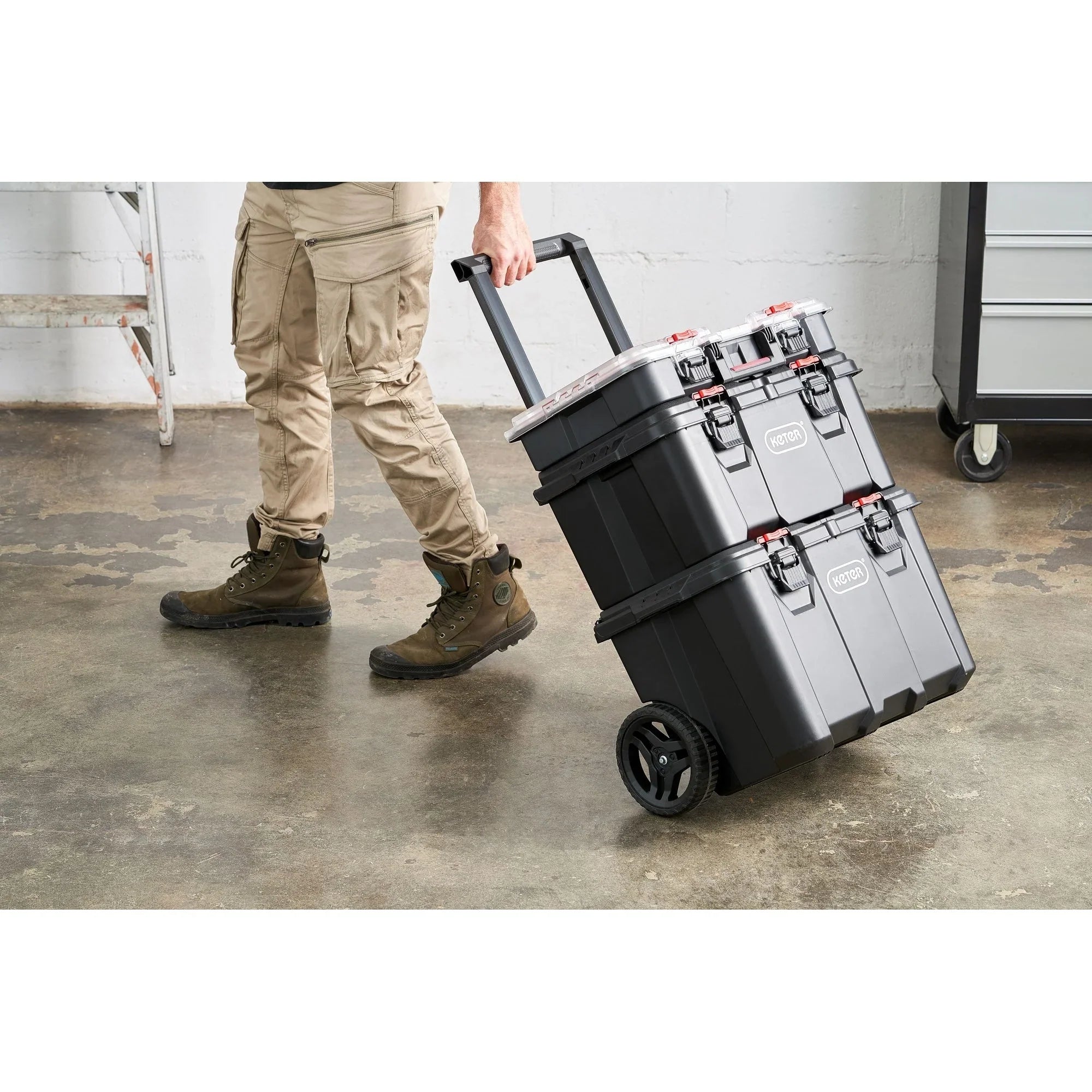 Keter Stack-n-Roll Set 3 pezzi per il trasporto e l'organizzazione degli utensili, sistema di valigette modulare in resina resistente