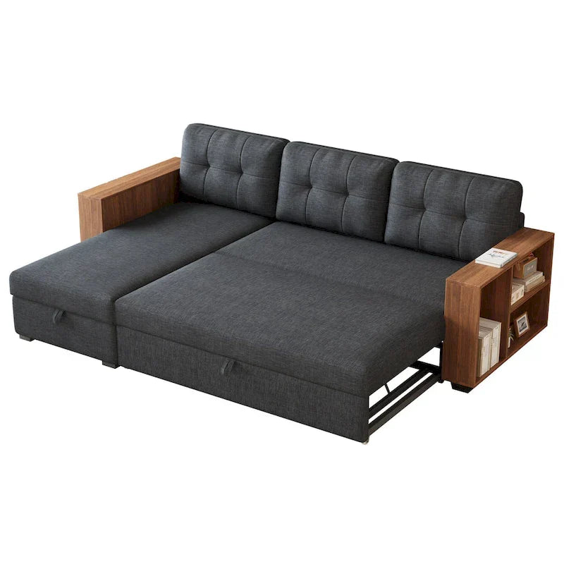 Divano Sezionale Convertibile con Letto Estraibile e Chaise Longue Contenitore Nascosto
