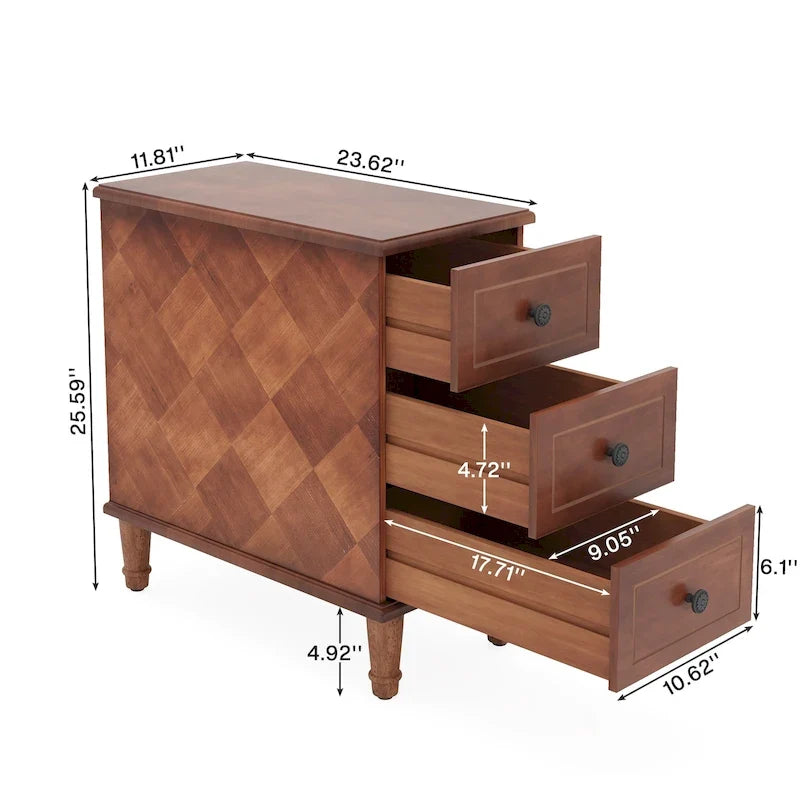 Tavolino stretto completamente assemblato, tavolino in legno massello con 3 cassetti, comodino sottile vintage per piccoli spazi
