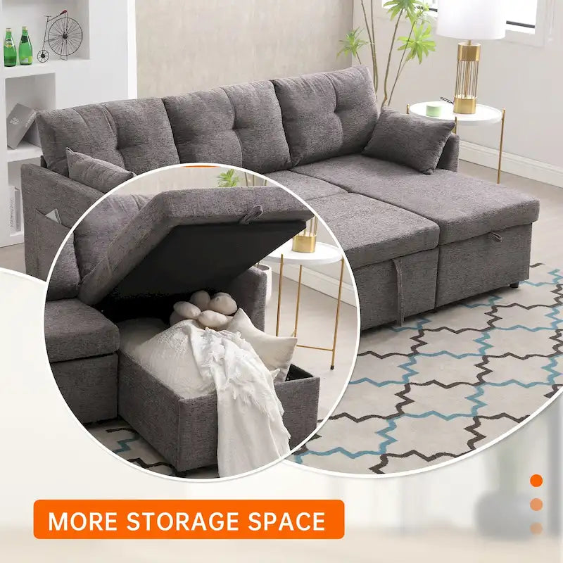 Divano Sezionale a L con Chaise Reversibile, Rivestimento in Velluto a Coste/Ciniglia, con Bracciolo Portaoggetti e Tasca Laterale