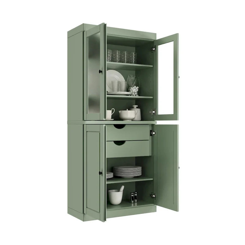 Mobile Dispensa in Legno Massello al 100% con Ante in Vetro Satinato, Ante Piene, 2 Cassetti e Ripiani Regolabili