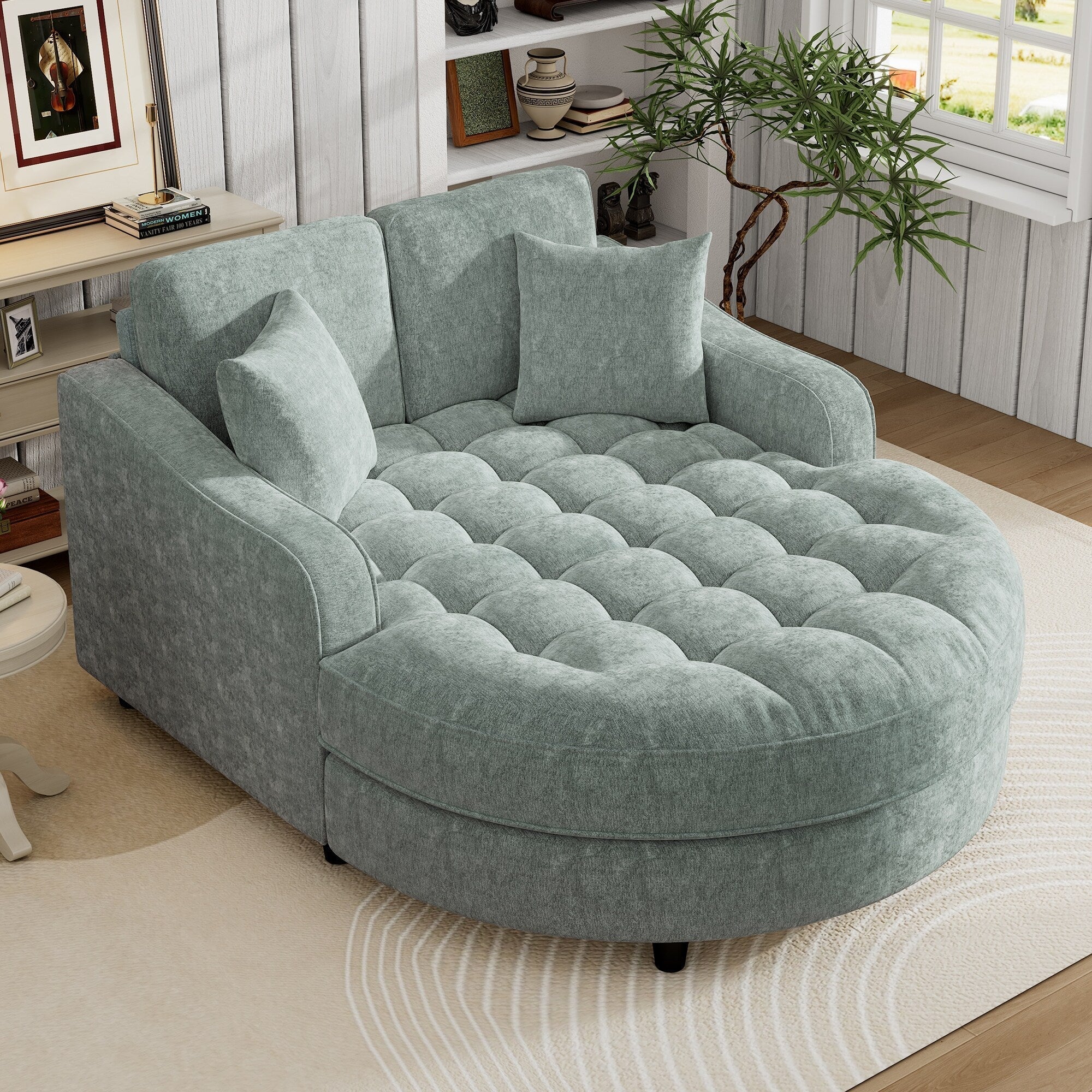 Divano Letto Chaise Longue in ciniglia, Divano Imbottito con Schienale Trapuntato e 2 Cuscini Rimovibili per Soggiorno