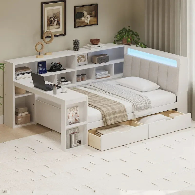 Divano Letto a "L" in Legno con Scrivania, Mobile Libreria, Letto Angolare con Cassetti Sottostanti, Testiera Imbottita con Luce Integrata