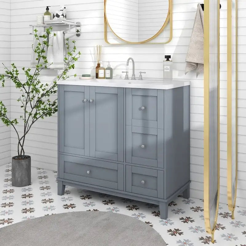 Mobile bagno da 36 pollici con ricarica USB, lavabo in resina, telaio in legno massello, 3 cassetti contenitori