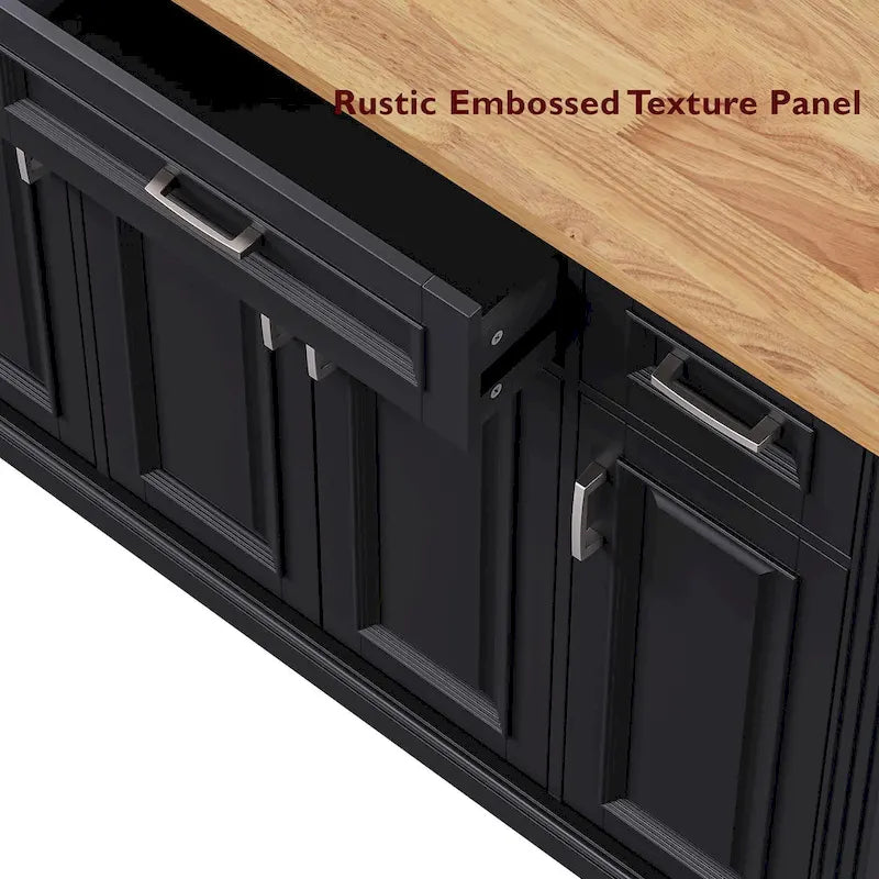 54 - Grande isola cucina con anta a ribalta in legno di gomma, carrello da cucina scorrevole con texture in rilievo su 4 ruote con 4 ante e 3 cassetti