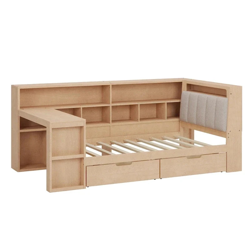 Divano Letto a "L" in Legno con Scrivania, Mobile Libreria, Letto Angolare con Cassetti Sottostanti, Testiera Imbottita con Luce Integrata