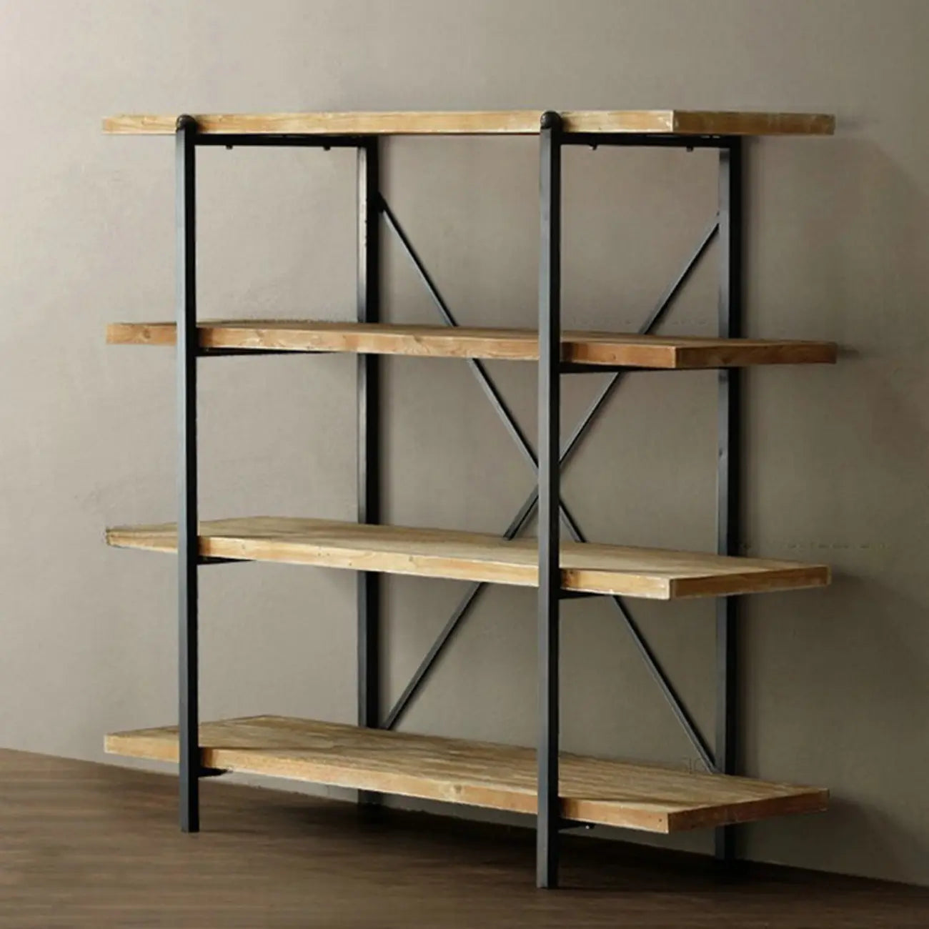 Libreria da parete industriale a 4 ripiani in legno e metallo