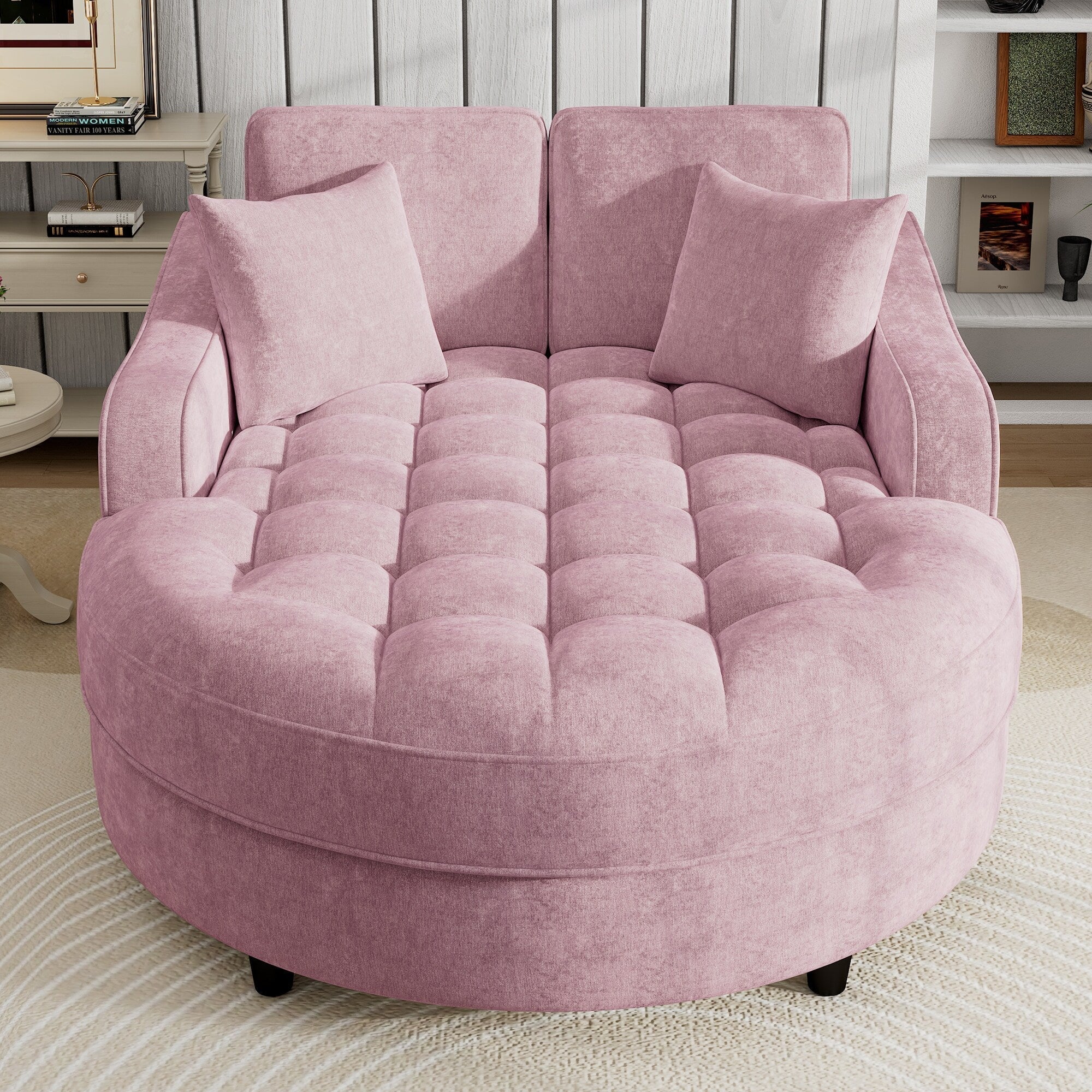 Divano Letto Chaise Longue in ciniglia, Divano Imbottito con Schienale Trapuntato e 2 Cuscini Rimovibili per Soggiorno