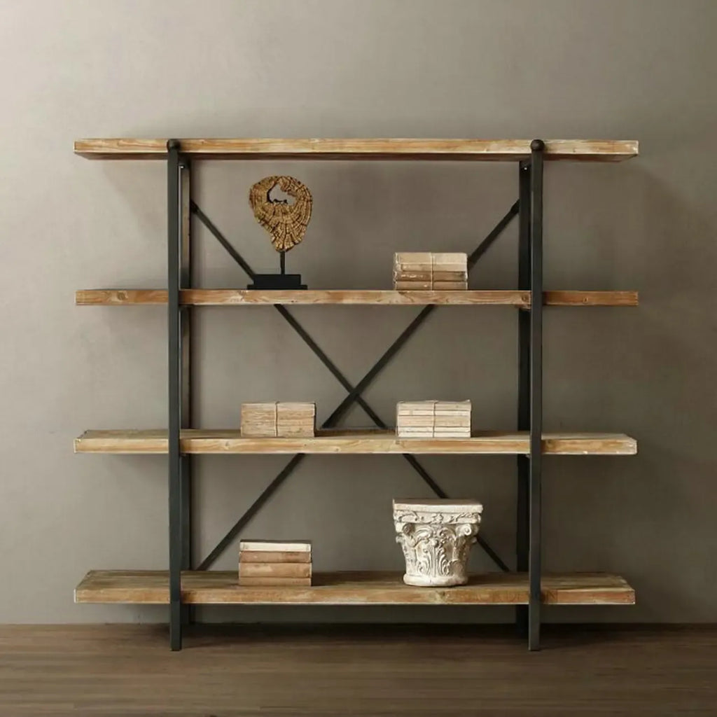Libreria da parete industriale a 4 ripiani in legno e metallo