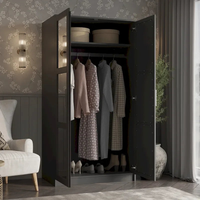Armadio Urban a 2 ante in 100% legno massello con ante piene e a specchio