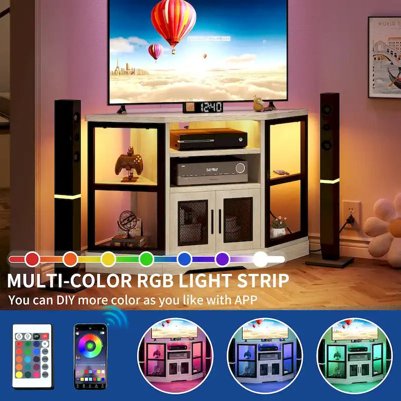 Mobile TV ad angolo in stile rustico con presa di corrente, per TV fino a 55 pollici