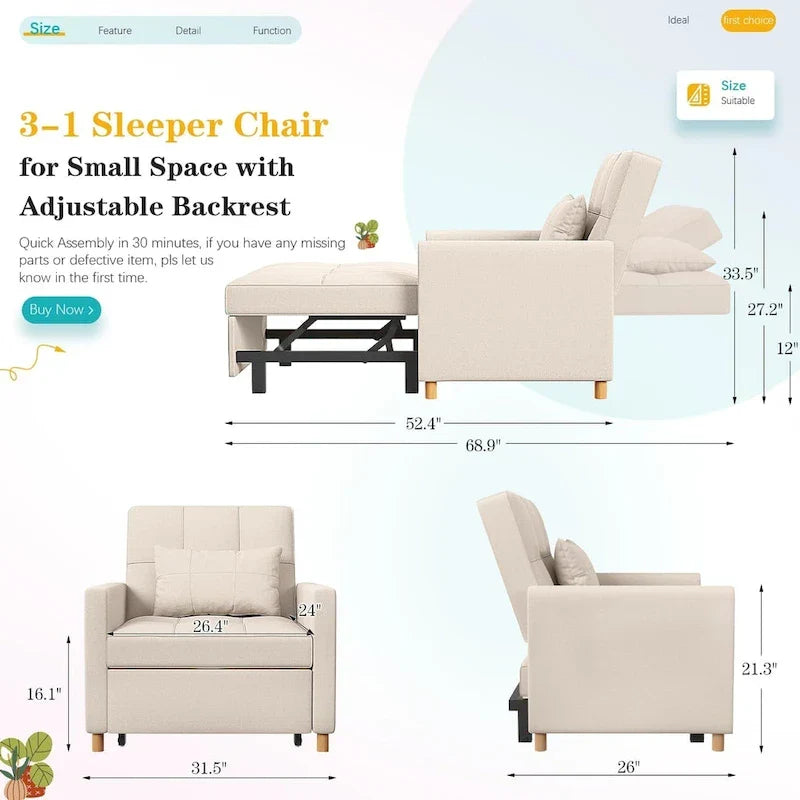 AECOJOY Poltrona Letto 3 in 1 con Cuscino e Schienale Convertibile