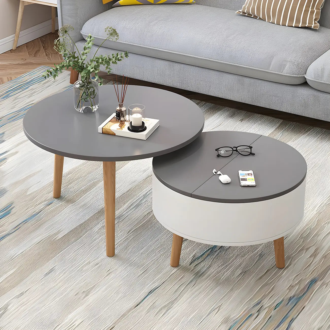 Tavolino da caffè rotondo moderno in legno bianco e nero con contenitore
