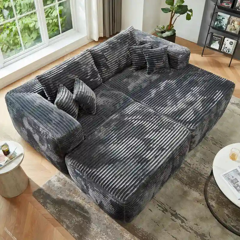 Divano componibile moderno HOOOWOOO in peluche a L con pouf rimovibile