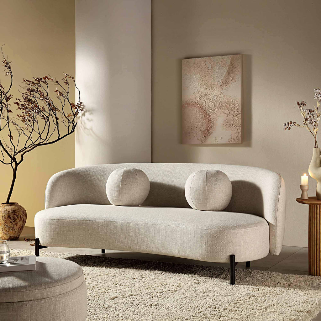 Divano curvo a 3 posti con cuscini a sfera, misto lino beige