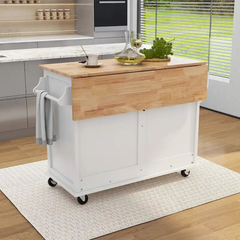 Carrello da cucina con piano d'appoggio ribaltabile in legno di gomma, porta scorrevole a scomparsa con altezza regolabile, isola da cucina su 4 ruote