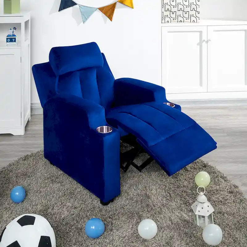 Poltrona reclinabile deluxe per bambini con poggiapiedi, poggiatesta e 2 portabicchieri, in microfibra, per bambini dai 3 anni in su