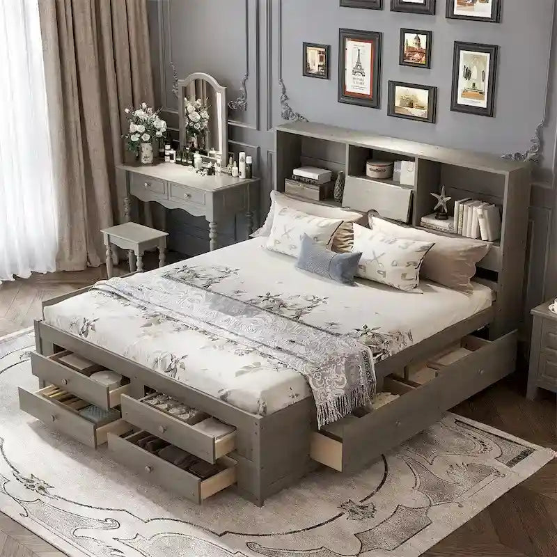 Letto a piattaforma King Size con testiera contenitore e 8 cassetti