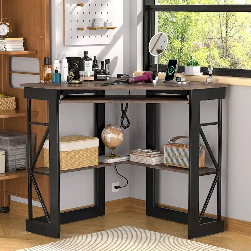 Scrivania ad angolo Scrivania piccola con prese Tavolo ad angolo per piccoli spazi, Scrivania per computer con porte USB Scrivania triangolare con contenitore