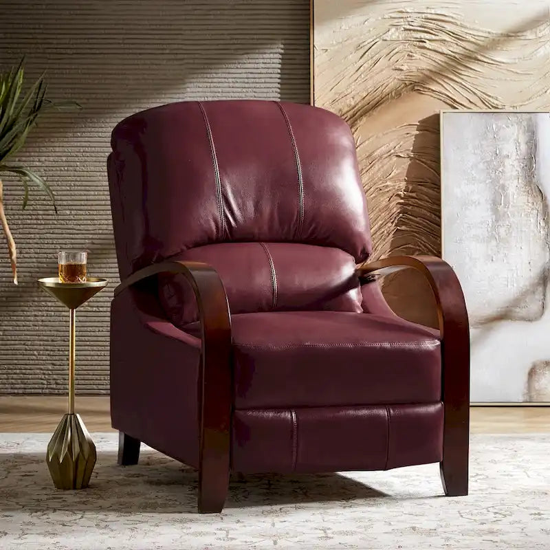 Poltrona reclinabile manuale Alex Mid-century Modern Cigar in vera pelle con braccioli ricurvi in legno
