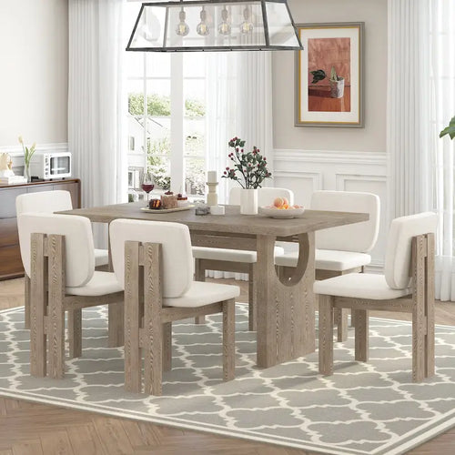 Set da Pranzo da 7 Pezzi, Set Tavolo da Cucina in Legno Massello con Tavolo Rettangolare, Base a Cavalletto e 6 Sedie Imbottite