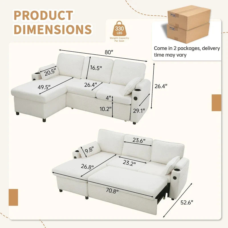 Divano letto a L da 80", Divano letto a scomparsa, Divano letto convertibile con penisola reversibile