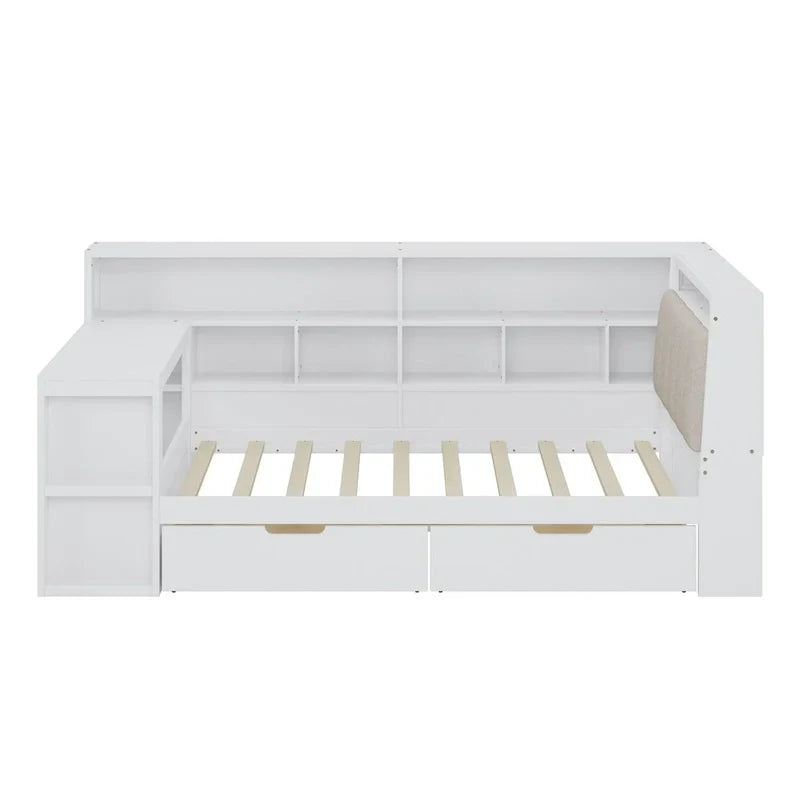Divano Letto a "L" in Legno con Scrivania, Mobile Libreria, Letto Angolare con Cassetti Sottostanti, Testiera Imbottita con Luce Integrata