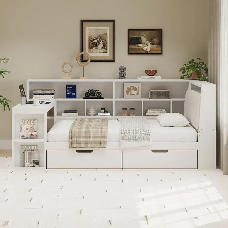 Divano Letto a "L" in Legno con Scrivania, Mobile Libreria, Letto Angolare con Cassetti Sottostanti, Testiera Imbottita con Luce Integrata