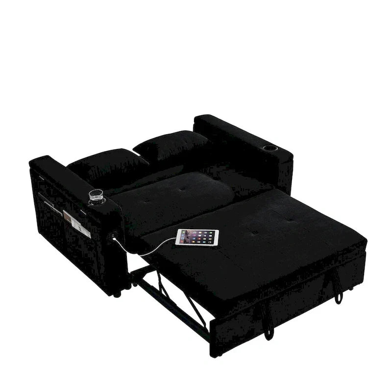 Divano Letto Estraibile 54", Divano Reclinabile 2 Posti con Contenitore, Cuscino Lombare, Presa USB