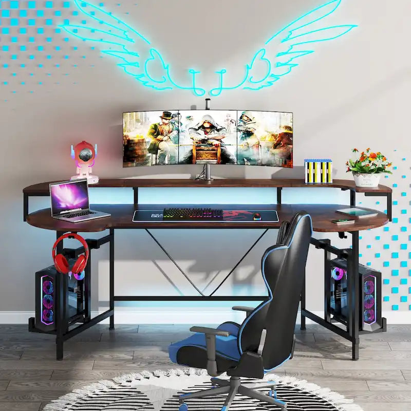 Scrivania da Gaming con Ripiano Monitor, Scrivania per PC Computer da 75 Pollici con Striscia LED