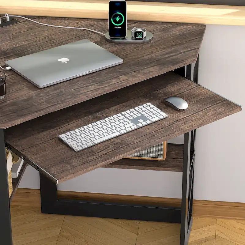 Scrivania ad angolo Scrivania piccola con prese Tavolo ad angolo per piccoli spazi, Scrivania per computer con porte USB Scrivania triangolare con contenitore
