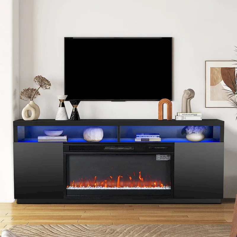 68 moderni mobili TV con camino elettrico RGB neri per televisori fino a 72 pollici