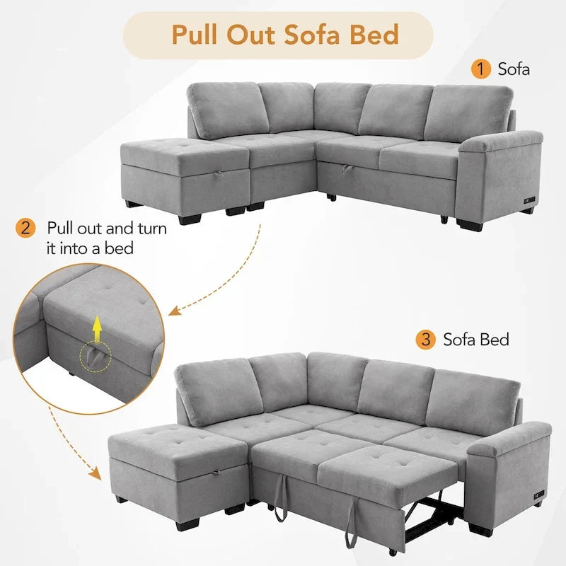 Divano sezionale a L a 5 posti con funzione letto, con pouf contenitore, vano contenitore nel bracciolo e ricarica USB per soggiorno, 84,75 pollici