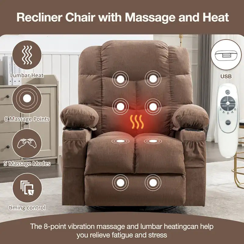 Poltrona reclinabile oversize grigia con calore e massaggio, reclinazione a 150°, oscillazione a 30°, ricarica USB e 2 portabicchieri