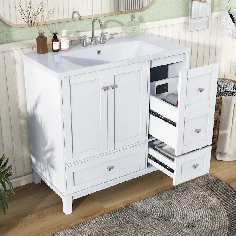 Mobile bagno da 36 pollici con ricarica USB, lavabo in resina, telaio in legno massello, 3 cassetti contenitori
