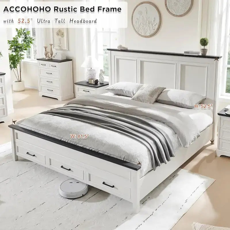 Struttura Letto Matrimoniale King Size in Legno Stile Rustico con Testiera, Base a Piattaforma