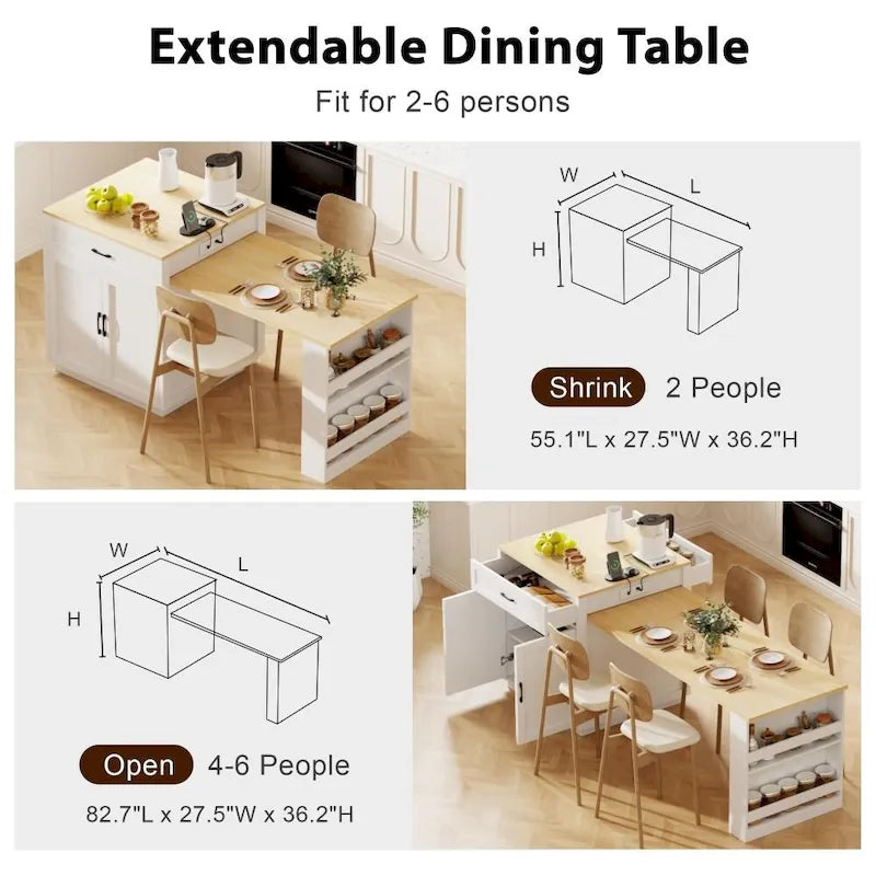 82.7 Isola da cucina in legno per 4-6 persone con tavolo da pranzo allungabile e contenitore a doppia dimensione