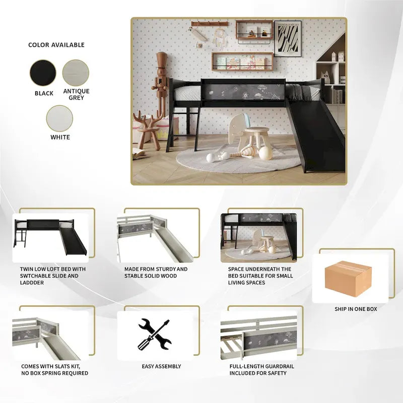 Letto a soppalco basso classico singolo CraftPorch con lavagna, scivolo e scaletta