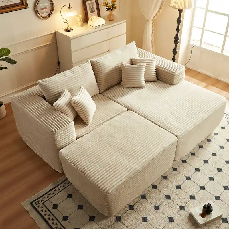 Divano componibile moderno HOOOWOOO in peluche a L con pouf rimovibile