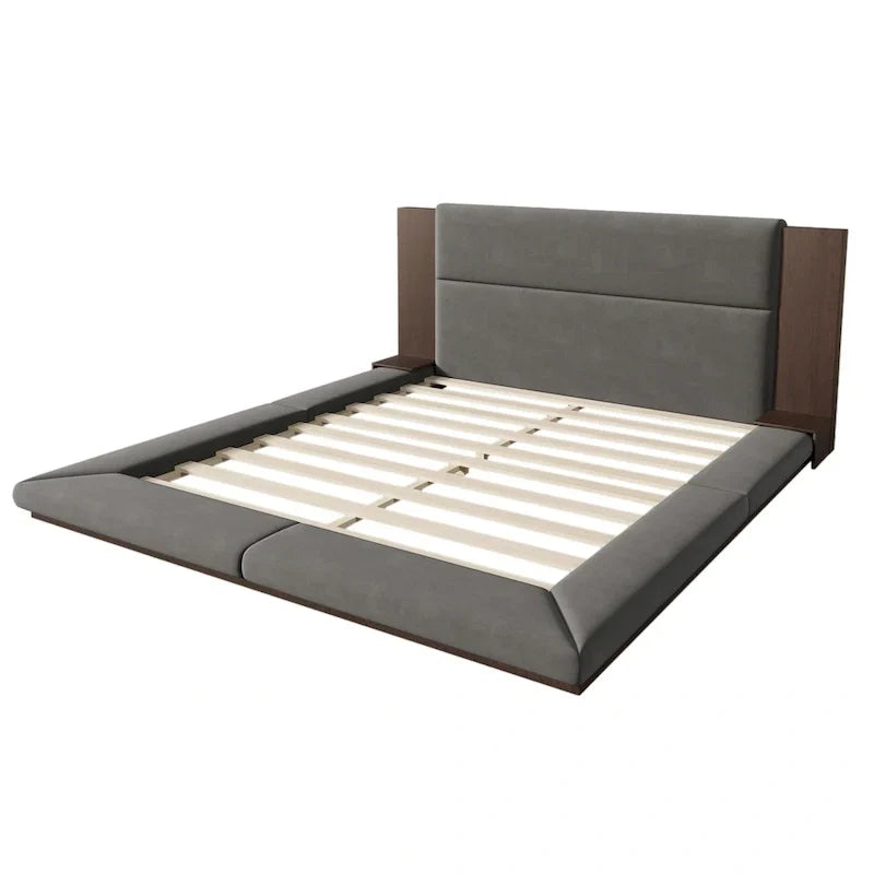 Letto imbottito King Gray Floor a basso profilo con testiera estesa in legno, mensole comodino integrate