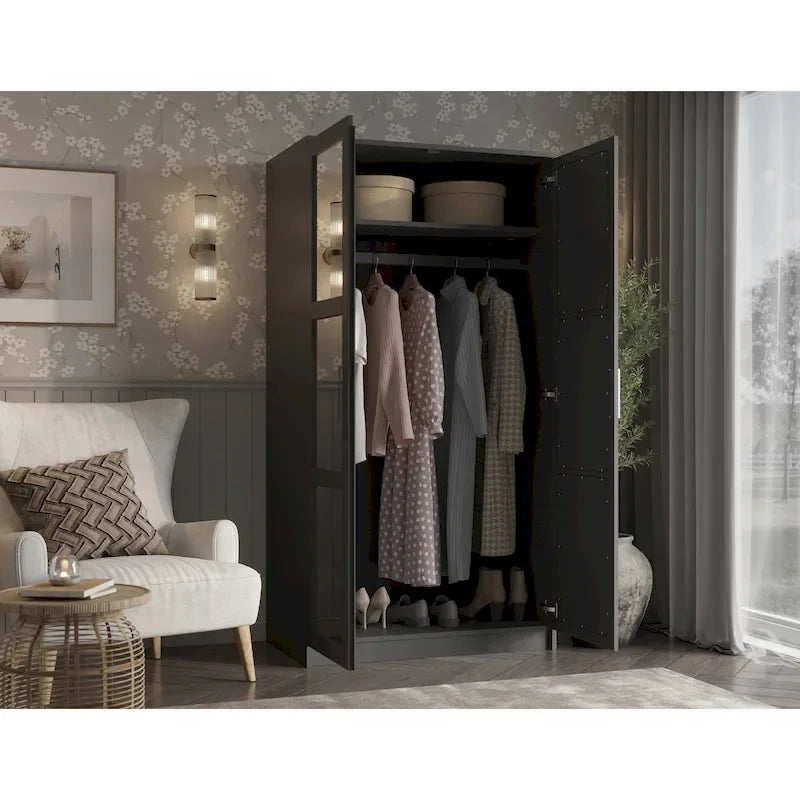 Armadio Urban a 2 ante in 100% legno massello con ante piene e a specchio
