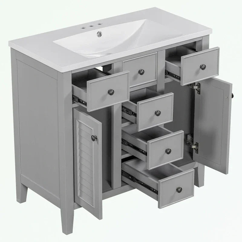 Mobile bagno con lavabo in ceramica, due ante e cinque cassetti