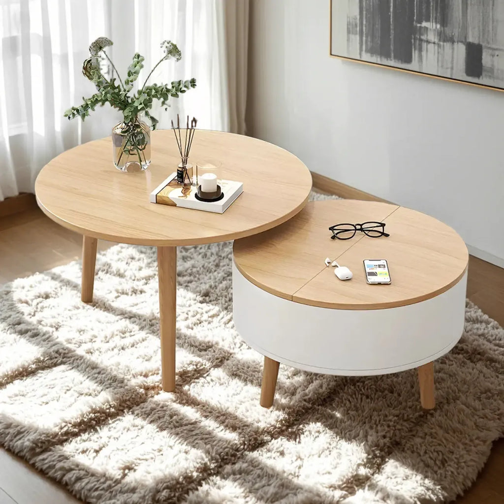 Tavolino da caffè rotondo moderno in legno bianco e nero con contenitore