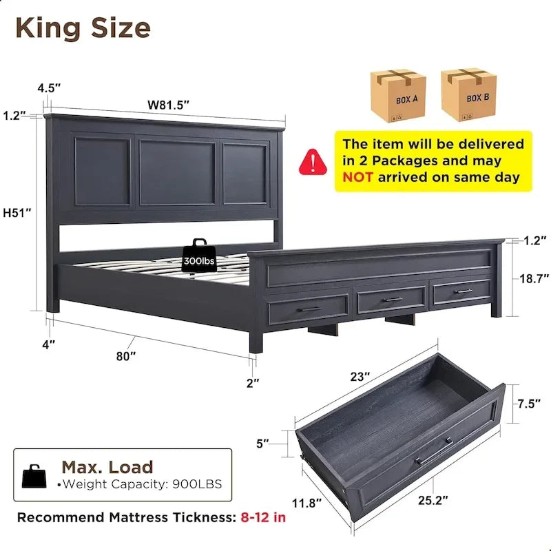 Struttura Letto Matrimoniale King Size in Legno Stile Rustico con Testiera, Base a Piattaforma
