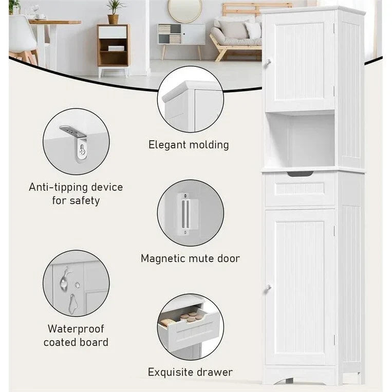 Mobile bagno alto 67 H, Armadietto portabiancheria stretto, Mobiletto contenitore con 2 ante e cassetto