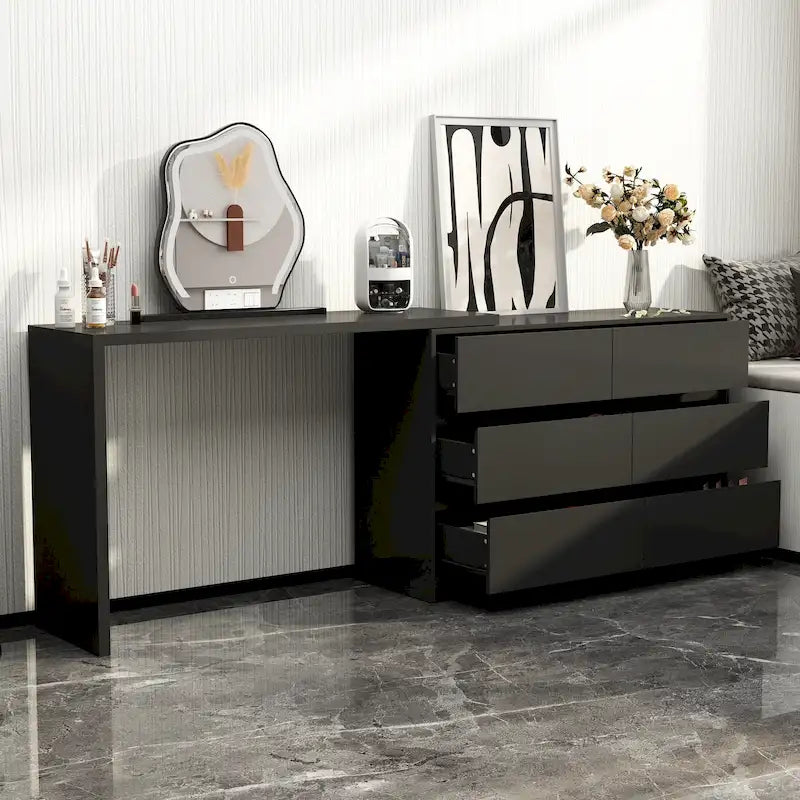 Cassettiera e Scrivania Girevole a 32,7H, con 6 Cassetti, Tavolo da Trucco, Bianco/Nero