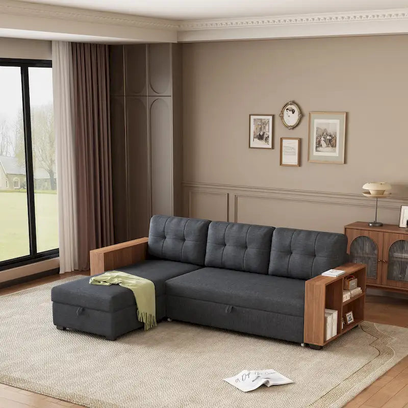 Divano Sezionale Convertibile con Letto Estraibile e Chaise Longue Contenitore Nascosto
