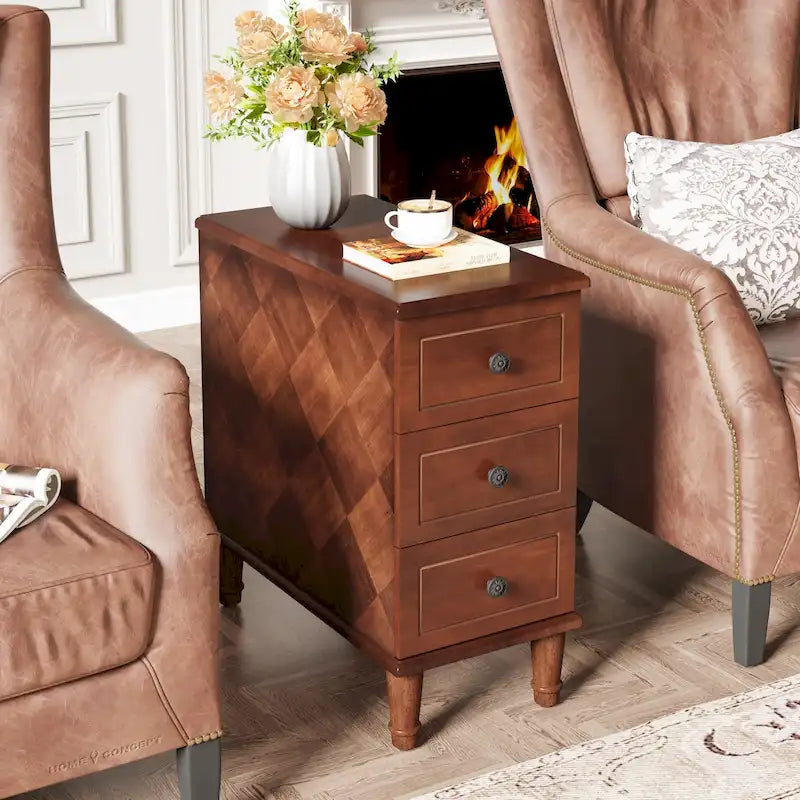 Tavolino stretto completamente assemblato, tavolino in legno massello con 3 cassetti, comodino sottile vintage per piccoli spazi